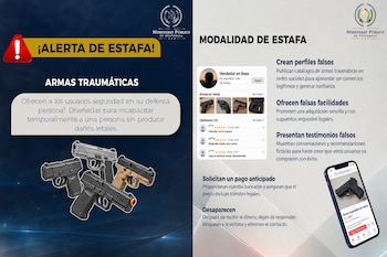 Infografía con el logotipo del Ministerio Público de Guatemala, imágenes de pistolas, texto informativo y una pantalla de teléfono inteligente.