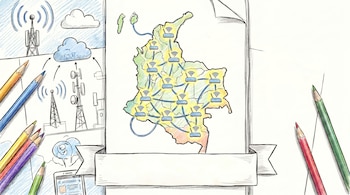 Ilustración dibujada a mano del mapa de Colombia con múltiples routers interconectados. Alrededor hay antenas de telecomunicaciones, nubes y lápices de colores.