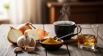 Composición de ajo, cebolla cortada, un tazón de curry en polvo, una taza de café humeante y un vaso de whisky con hielo sobre una mesa de madera.