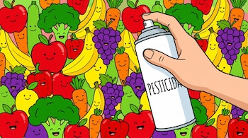 Caricatura de una mano sosteniendo un bote de spray blanco con la palabra "PESTICIDA" sobre un fondo vibrante de frutas y verduras sonrientes.
