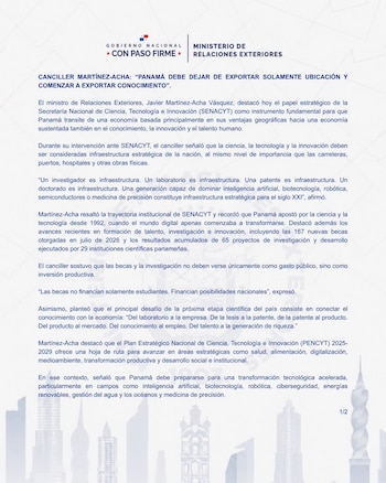 El Ministerio de Relaciones Exteriores de Panamá propone un nuevo modelo de desarrollo basado en la ciencia.