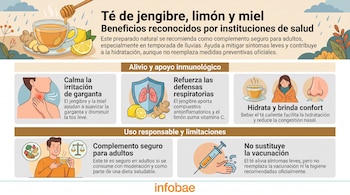 Infografía con texto e ilustraciones de té, jengibre, limón, una garganta irritada, un escudo con pulmones, una jeringa y el logotipo de Infobae.