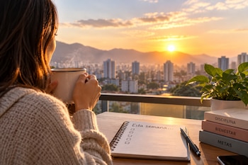 Una mujer sostiene una taza en un balcón mirando la ciudad al amanecer, junto a un cuaderno con una lista, un bolígrafo y libros