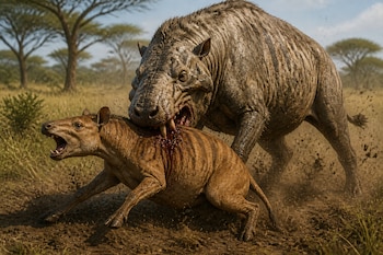 Un animal prehistórico de gran tamaño muerde la espalda de otro animal pequeño en un campo de hierba seca con árboles al fondo.