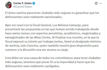 Carlos Fernando Galán presentó la estrategia ‘Fin a la impunidad’, una propuesta con la que busca reformar aspectos del sistema judicial para combatir la inseguridad en la capital - crédito @CarlosFGalan/X
