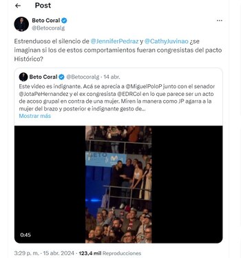 Beto Coral cuestiona a las congresistas Jennifer Pedraza y Catherine Juvinao - crédito @Betocoralg