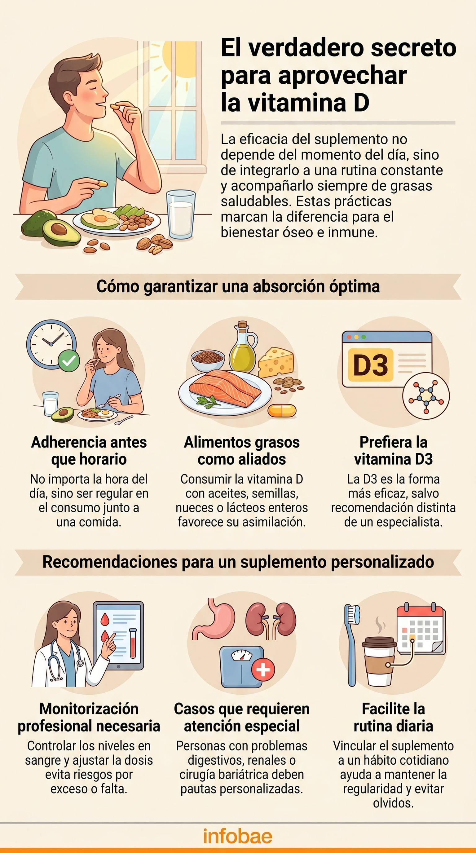 La absorción mejora cuando la ingesta se acompaña de grasas saludables. (Imagen Ilustrativa Infobae)