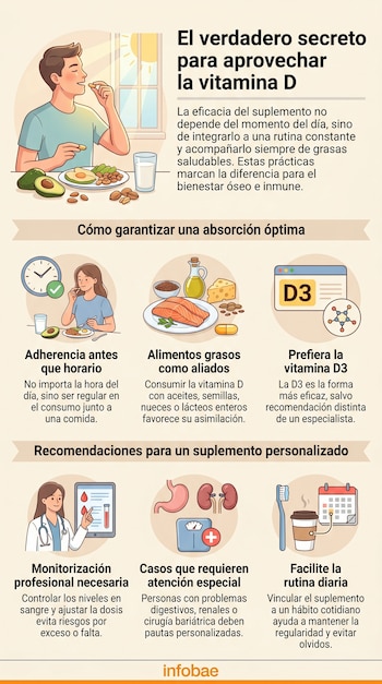 Infografía ilustra a personas tomando vitamina D con comidas ricas en grasas saludables como aguacate, nueces y salmón, junto a símbolos de reloj, D3, análisis de sangre y rutinas diarias.