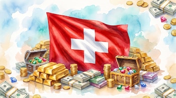 Bandera de Suiza, varios lingotes de oro, billetes de dólares, billetes de euros, monedas doradas, gemas de colores y cofres de madera.