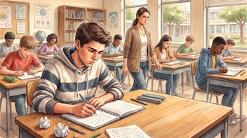 Ilustración de estudiantes en pupitres que escriben en cuadernos mientras una profesora camina por el pasillo del aula.