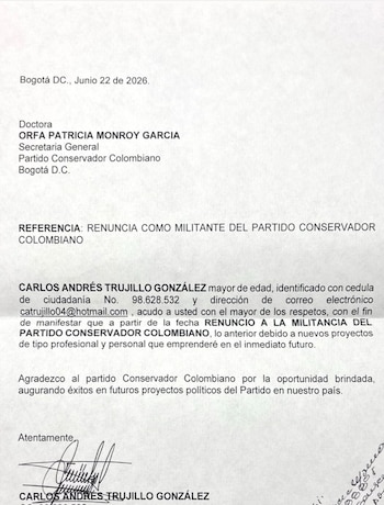 Carlos Andrés Trujillo formalizó su salida del Partido Conservador en una carta y la justificó por nuevos proyectos personales y profesionales - crédito X