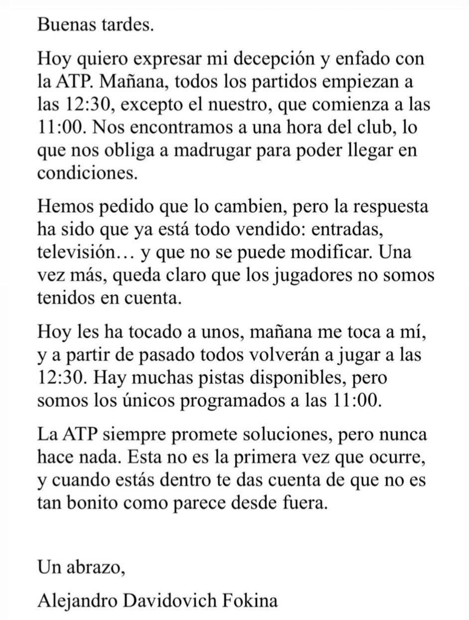El comunicado que publicó Davidovich Fokina en sus redes sociales criticando a la ATP
