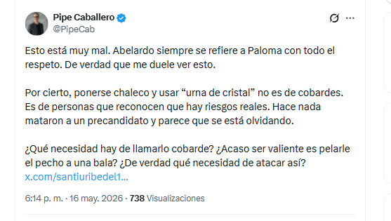 El abogado Felipe Caballero cuestionó a Paloma Valencia por criticar las medidas de seguridad adoptadas por Abelardo de la Espriella - crédito @PipeCab/X