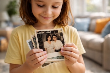 Primer plano de una niña con camiseta amarilla sosteniendo varias fotografías impresas; la superior muestra una pareja sonriente con texto 'Kodak 1987'
