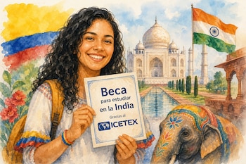 Una mujer sonriente sostiene un documento impreso de beca junto a las banderas de Colombia e India, el Taj Mahal y un elefante.