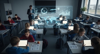 Varios niños sentados en pupitres usan tabletas en un aula con una maestra de pie al fondo. Una interfaz digital superpuesta muestra datos y un mapa mundial.