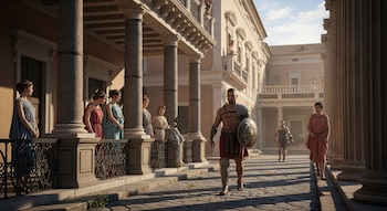 Gladiador con armadura y escudo camina por calle empedrada. Mujeres con túnicas observan desde balcones y columnas de edificios romanos.