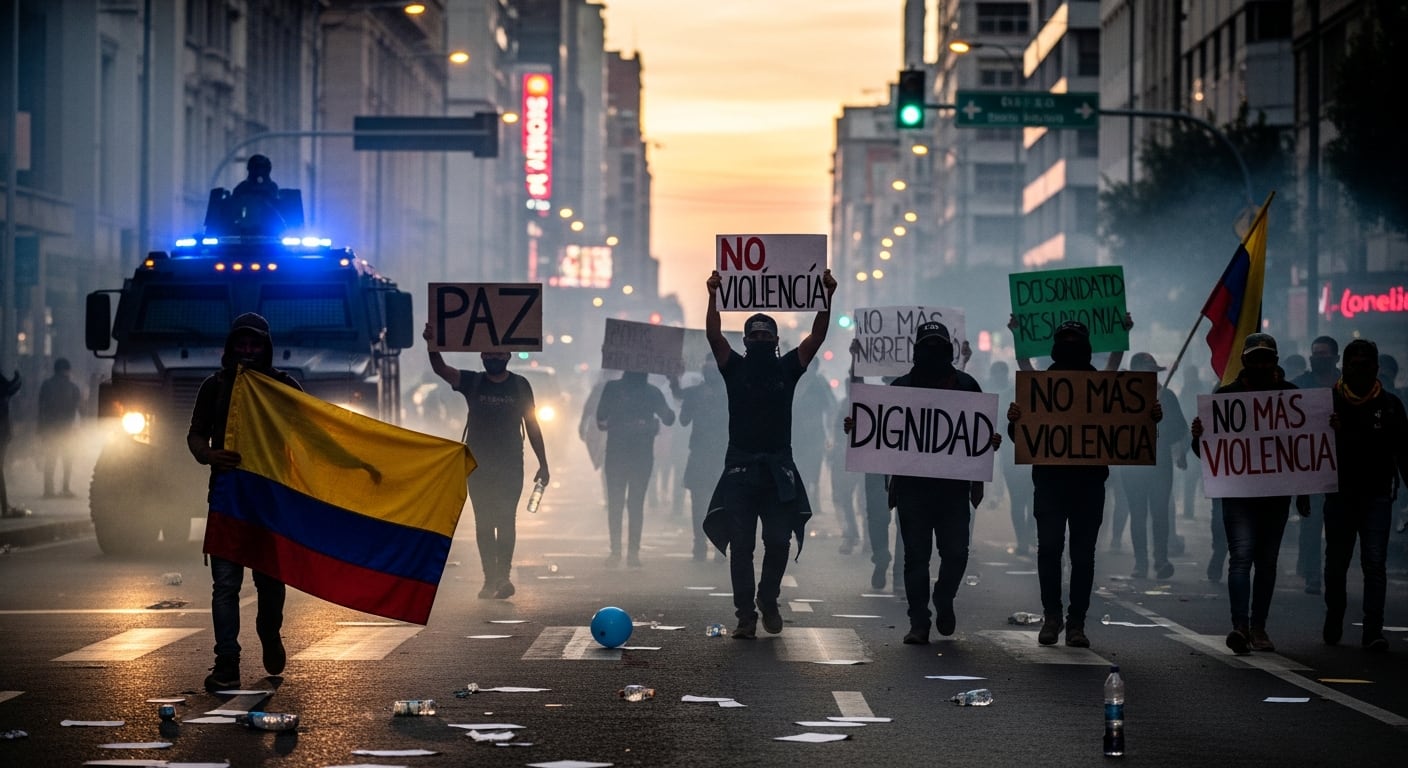 Manifestantes con banderas y pancartas pidiendo paz y el fin de la violencia marchan por una calle urbana durante el estallido social - crédito (Imagen Ilustrativa Infobae)