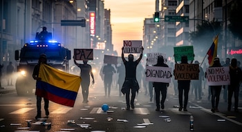 Calle urbana con humo y escombros; manifestantes sostienen pancartas con texto, una bandera de Colombia y un vehículo blindado policial al fondo.