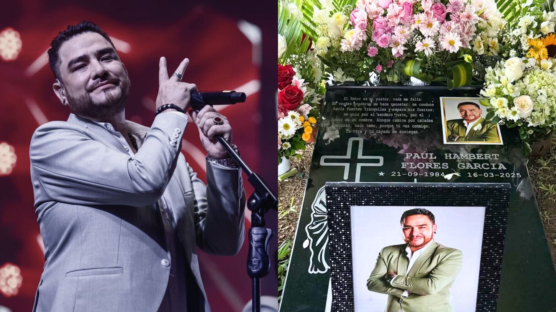 Una imagen conmovedora que yuxtapone a Paul Flores actuando en vida con su tumba adornada con flores y fotos, conmemorando un año de su fallecimiento.