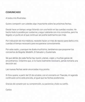 Comunicado de Carlos Rivera (Instagram)