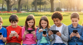 Seis niños de diversas etnias están sentados en un banco de madera en un parque con árboles y flores, cada uno concentrado en su propio teléfono móvil.
