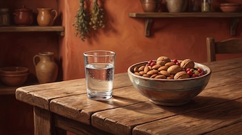 Mesa de madera rústica con un vaso de agua con gotas de condensación y un cuenco de cerámica con almendras, nueces y bayas rojas. Fondo de cocina con estantes y vasijas.