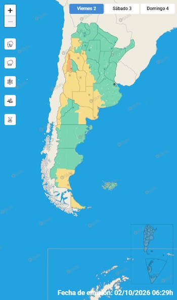 Mapa de Argentina dividido en zonas verdes, amarillas y anaranjadas, con botones de fechas y controles de zoom en el lateral