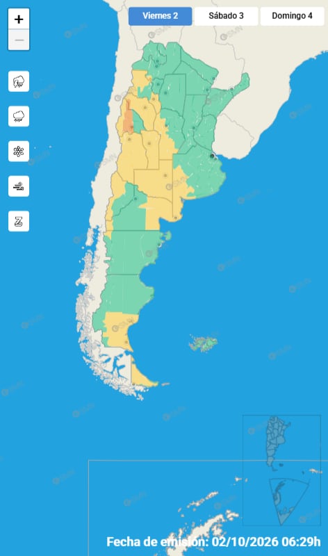 La radiografía del país bajo advrtencias climáticas por fuertes vientos, lluvias, tormentas y nevadas (Servicio Meteorológico Nacional)