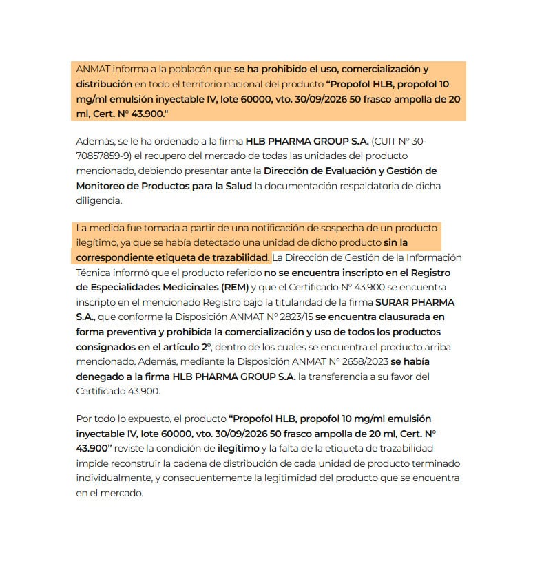 La ANMAT advierte que HLB Pharma elaboró propofol sin autorización y falta de trazabilidad