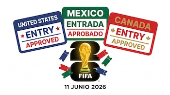 Ilustración digital con tres sellos migratorios: Estados Unidos (azul), México (verde) y Canadá (rojo). En el centro, la Copa Mundial FIFA 2026 y boletos.