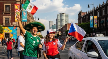 Hombre con sombrero y camiseta mexicana y mujer con gorra y camiseta checa, con banderas y caras pintadas, posan junto a un taxi blanco en la CDMX.