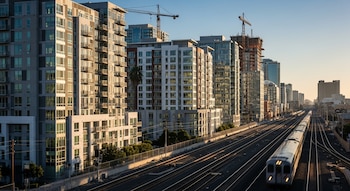 Vista aérea de edificios de apartamentos modernos junto a vías de tren con un tren en movimiento en una ciudad de California; grúas de construcción visibles en el fondo.