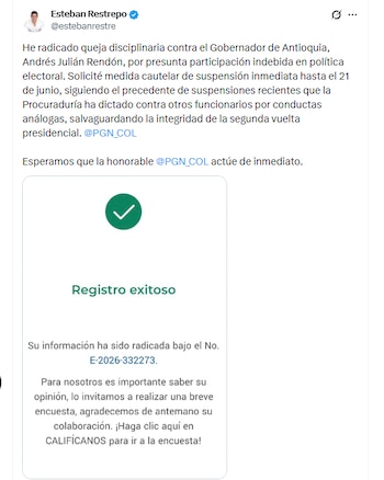 El secretario General de la Superintendencia Nacional de Salud, Esteban Restrepo, presentó una queja disciplinaria contra el gobernador Andrés Julián Rendón - crédito @estebanrestre/X