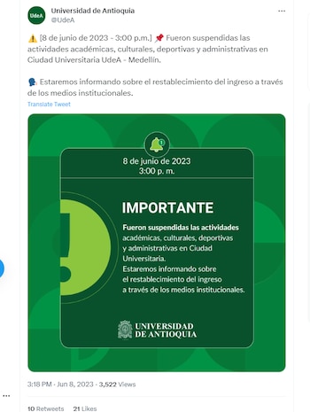 Universidad de Antioquia cancela clases