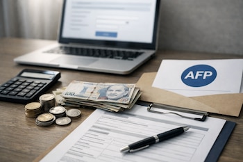 Primer plano de una mesa de madera con documentos, billetes y monedas peruanas. Hay una calculadora, un bolígrafo y un sobre con el logo AFP. Una laptop desenfocada se ve al fondo.