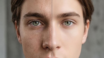 Rostro de una persona dividido por una línea vertical; un lado muestra piel con poros y el otro lado piel lisa; ambos lados tienen ojos verdes y cabello castaño.