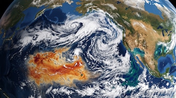 Vista satelital de la Tierra con una mancha anaranjada de temperatura en el océano Pacífico y masas de nubes blancas sobre Norteamérica.