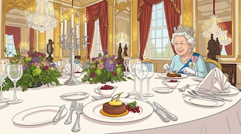 Caricatura de la Reina Isabel II sonriendo en un comedor real elegante, con corona, vestido azul y collar de perlas. Mesa larga con comida, copas, candelabros y flores.