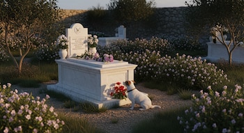 Jardín funerario con lápida de mármol, un perro blanco y marrón sentado frente a la base de la lápida, flores y vegetación.