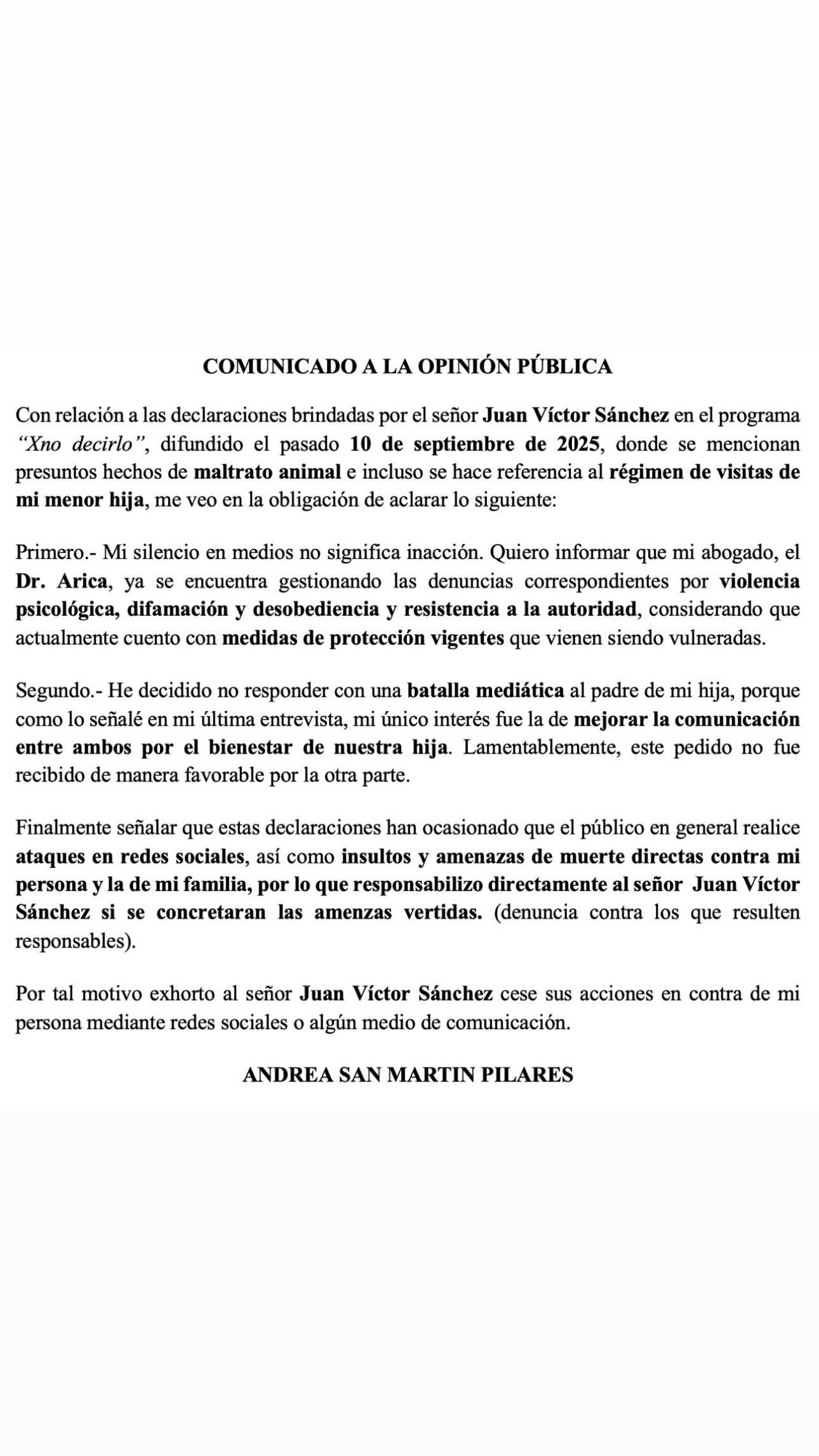 Comunicado de Andrea San Martín en contra de Juan Víctor Sánchez.