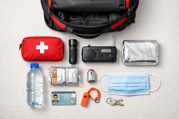 Mochila negra abierta con elementos de emergencia: botiquín rojo, linterna, radio, botella de agua, alimentos, manta térmica, documento de identidad, silbato, mascarilla y llaves.