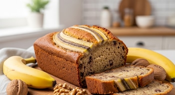 Un budín de banana y nueces sobre una tabla de madera con rebanadas cortadas. Bananas enteras y nueces se ven alrededor. Fondo de cocina desenfocado.