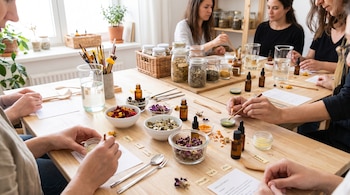 Varias mujeres en una mesa de madera con cuencos de hierbas y flores secas, frascos de vidrio, botellas con gotero, utensilios de madera y papeles.