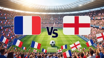 Estadio de fútbol con cancha verde, tribunas repletas de aficionados, banderas de Francia e Inglaterra, un balón de fútbol y la leyenda 'VS'.