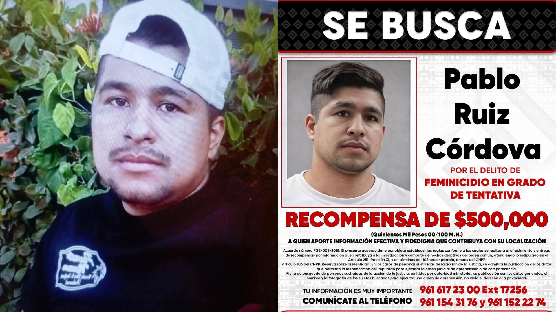 La Fiscalía General de Chiapas ofrece medio millón de pesos por datos que permitan la captura de Pablo Ruiz Córdova, señalado como responsable del ataque a Ana Luisa en Cintalapa. (Redes sociales/FGE Chiapas)