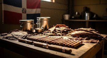 Cigarros artesanales y hojas de tabaco secas sobre una mesa rústica, con dos contenedores metálicos y la bandera de República Dominicana de fondo, bajo luz solar.