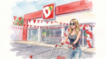 Una mujer con gafas de sol empuja un carrito de compras frente a un supermercado D1 decorado con globos y banderines rojos.