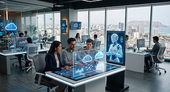 Empleados en una oficina con pantallas de datos, una mesa táctil con gráficos de nube y un asistente virtual en una pantalla vertical