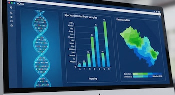 Renderização digital de uma tela de computador mostrando sequências de DNA, gráficos de barras e mapas de calor de espécies detectadas em amostras de eDNA.